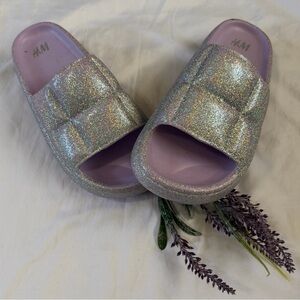 H&M Silver Glitter Quilted Pool Slide Sandals
